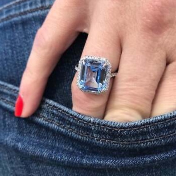 NEW Stamped 925 Silver Emerald Cut Aquamarine Ring - Picture 2 of 7